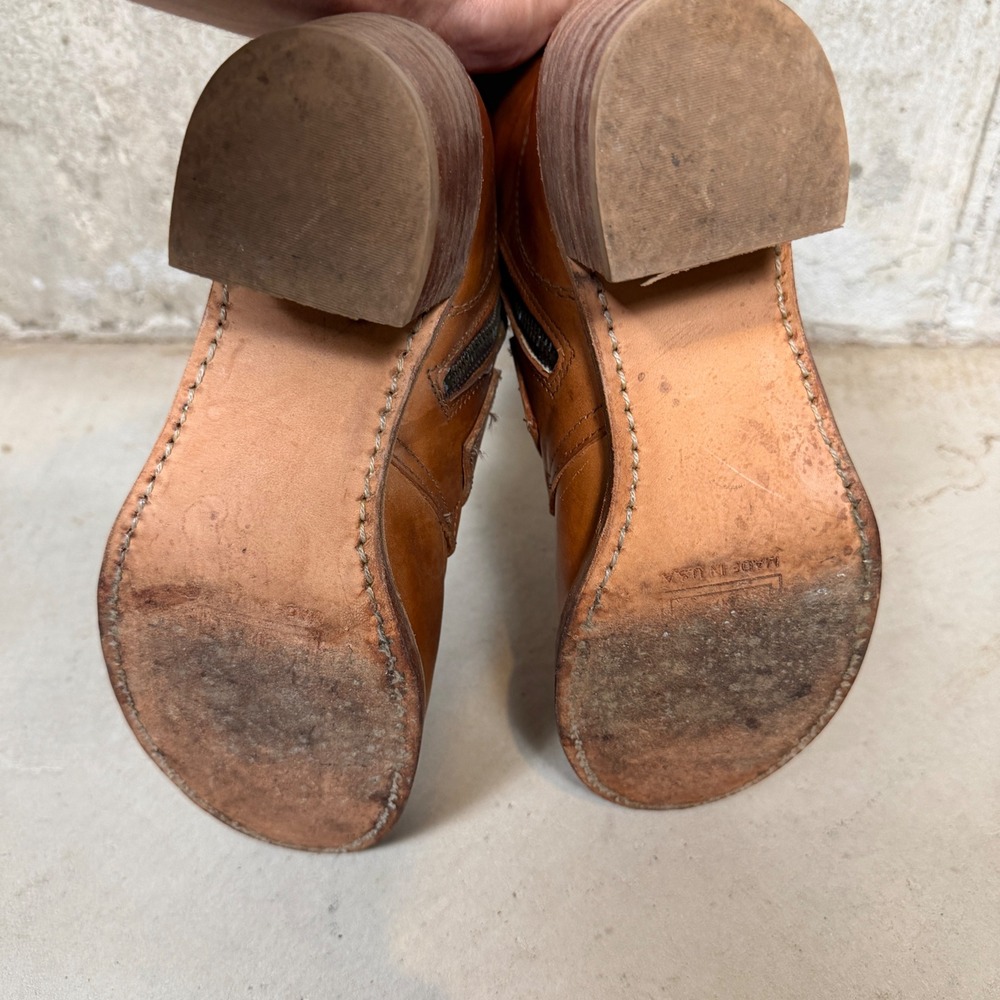 Frye Sabrina Tan Leather Double Buckle Moto Ankle Boots 8.5 M Made in USA - Picture 7 of 8